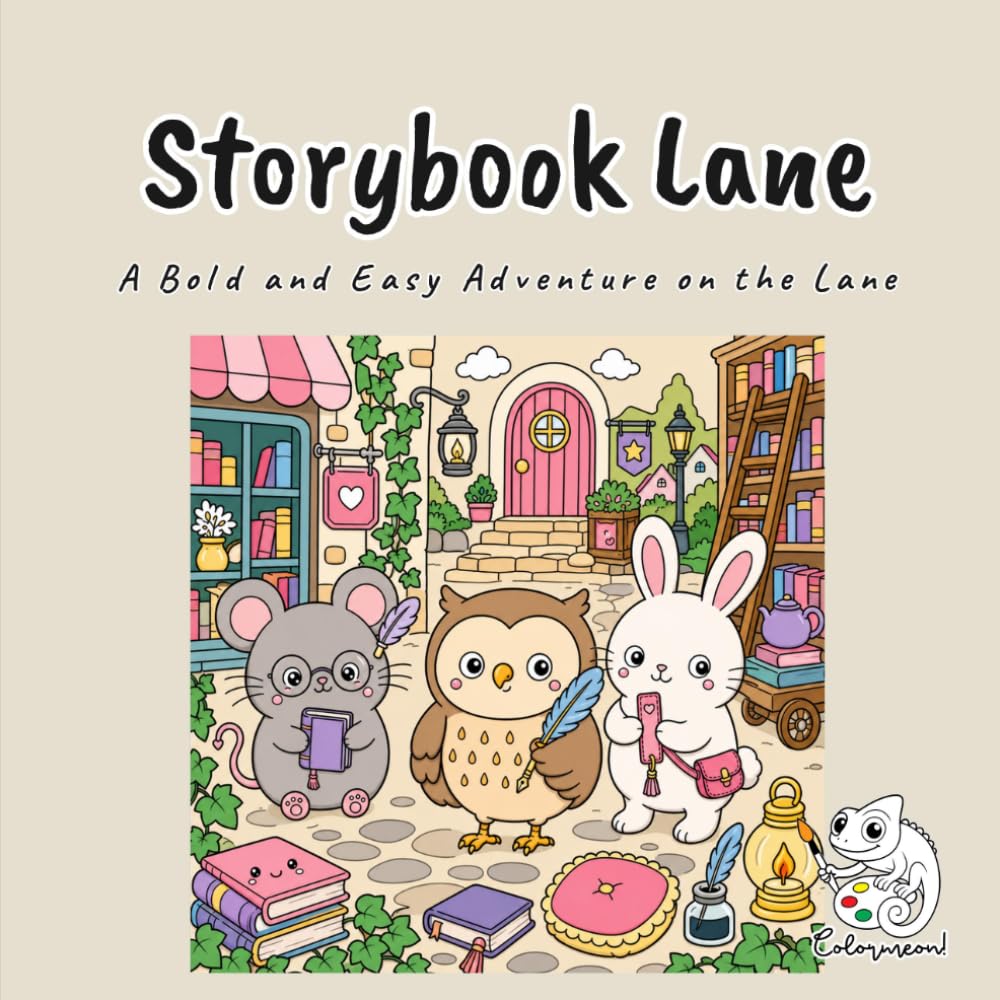 Storybook Lane: A Cute and Cozy Kawaii Coloring Book for Adults and Teens with Bold and Easy Bookshop Village Scenes for Stress Relief and Mindful Relaxation