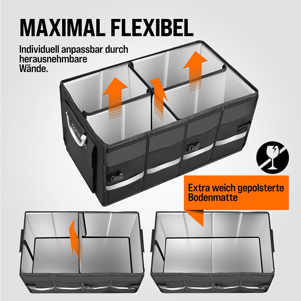 Monzana Kofferraum Organizer Deckel 68L Isolierung Alu-Griffe Trennwände Wasserdicht Faltbar MDF Wände Rutschfest Kofferraumtasche Kühltasche Faltbox