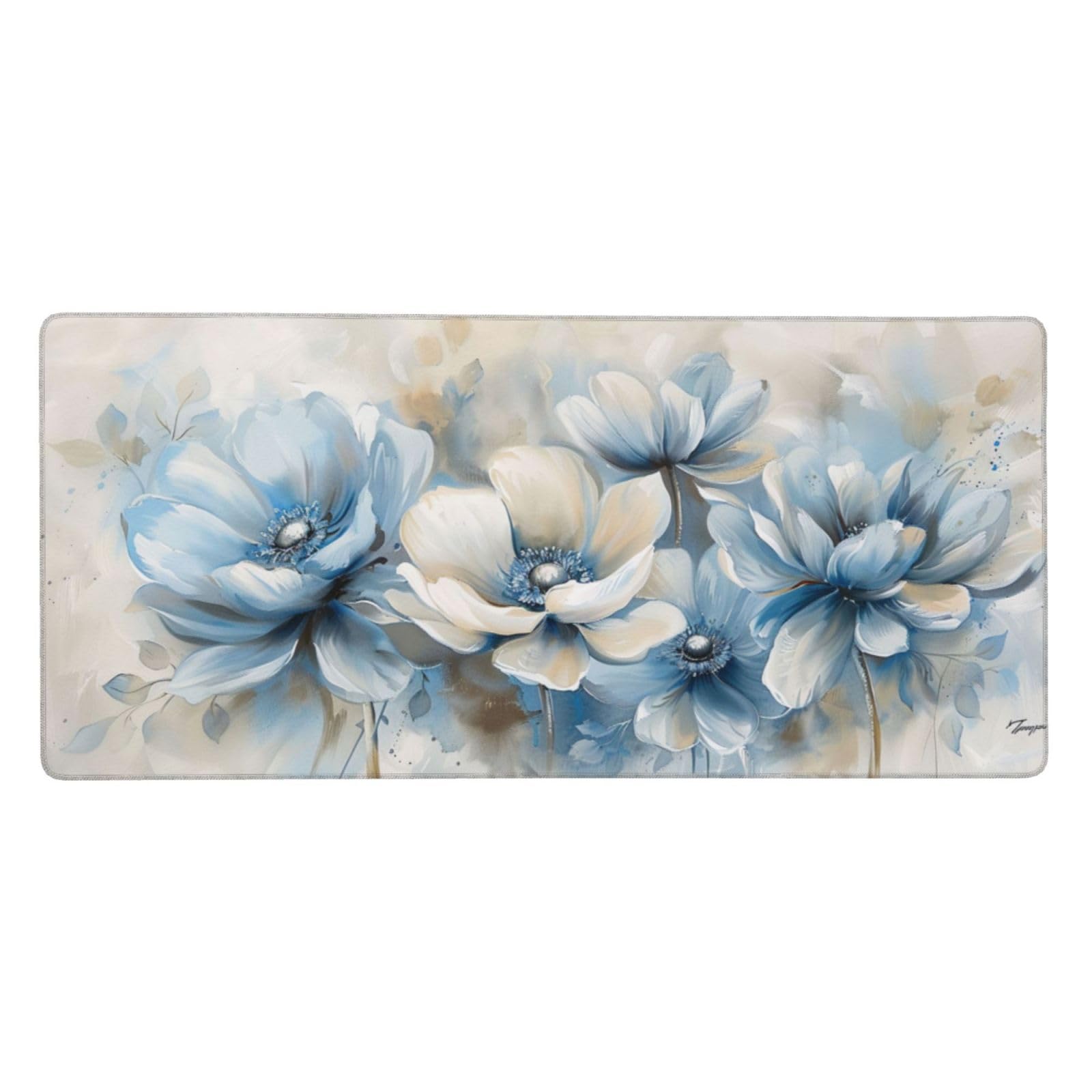 Tappetino Mouse XXL Fiore & Blu, 100 x 50 cm Tappetino da Scrivania G496 | Tappetino per Mouse, Base in Gomma Antiscivolo, Superficie Impermeabile, Bordi Cuciti, Tappetino Scrivania per Ufficio, Gioco