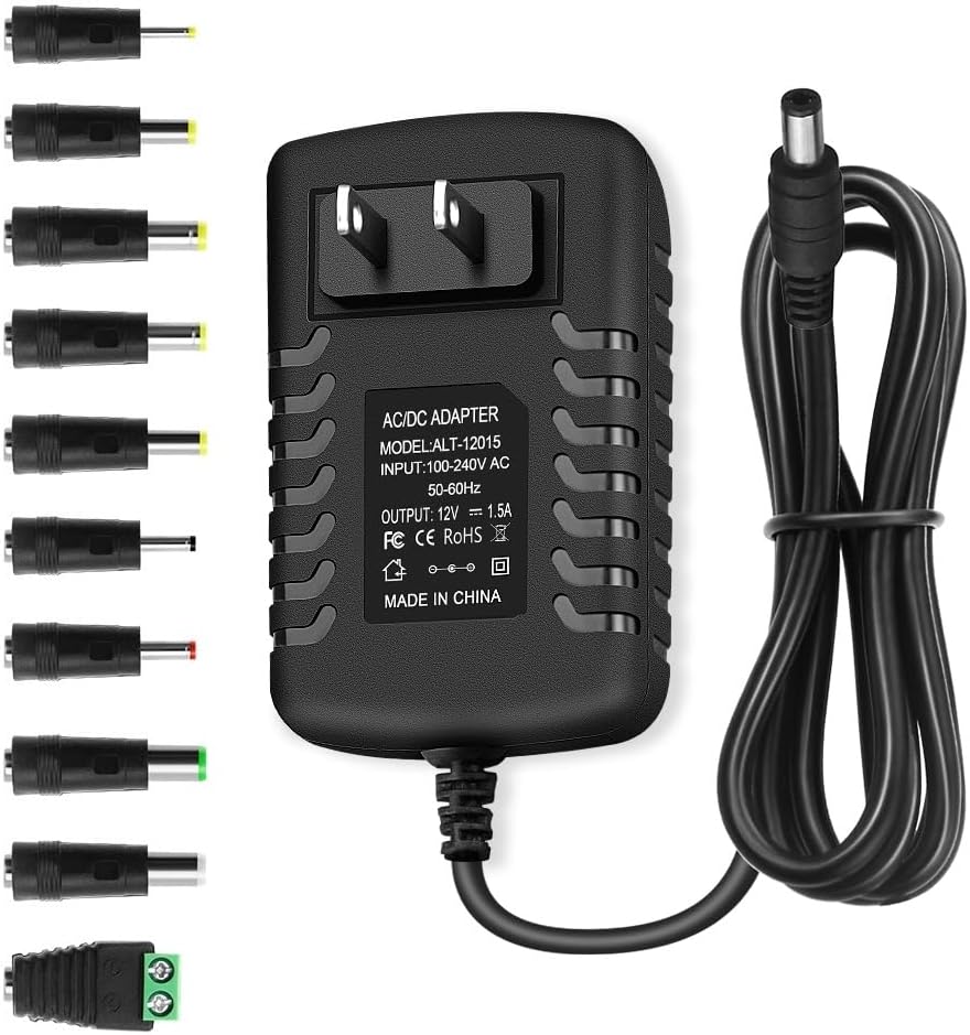 DC 12 Volt 1.5 Amp Switching Power Supply, 100-240V 50-60Hz AC to DC 12V 1.5A 18W Power Supply Cord Adapter with 5.5mm x 2.5mm Barrel Plug Jack, and 10 More Sizes of Tips