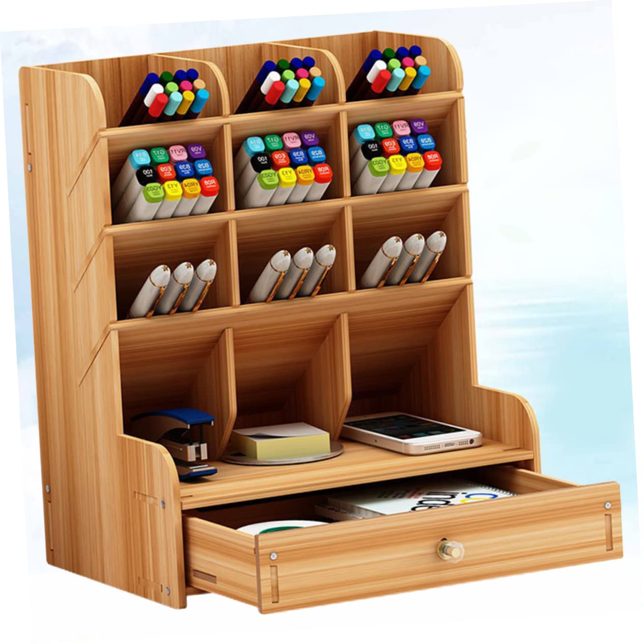 Portapenne in con Ampia Capacità Organizer Scrivania con Scomparti Multipli per Ufficio e Casa Scatola Portaoggetti in Ciliegio Design e Resistente