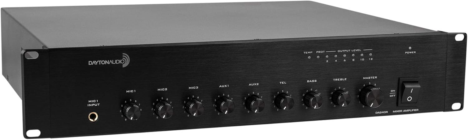 Dayton Audio DA240R 240W 2U Rack Mount Mixer-Amplifier 70V / 100V or 4 Ohm 3 Mic 2 Aux 1 Telephone