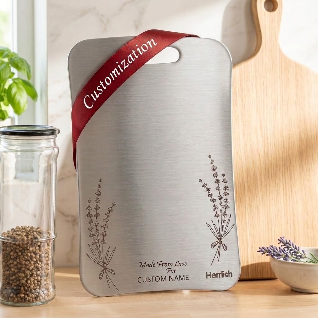 Herrlich Homes 304 Stainless Steel Customize Rectangle Chopping Board for Kitchen | 35 x 25 cm | Customization Name/Text | with Gifting Packaging | Large