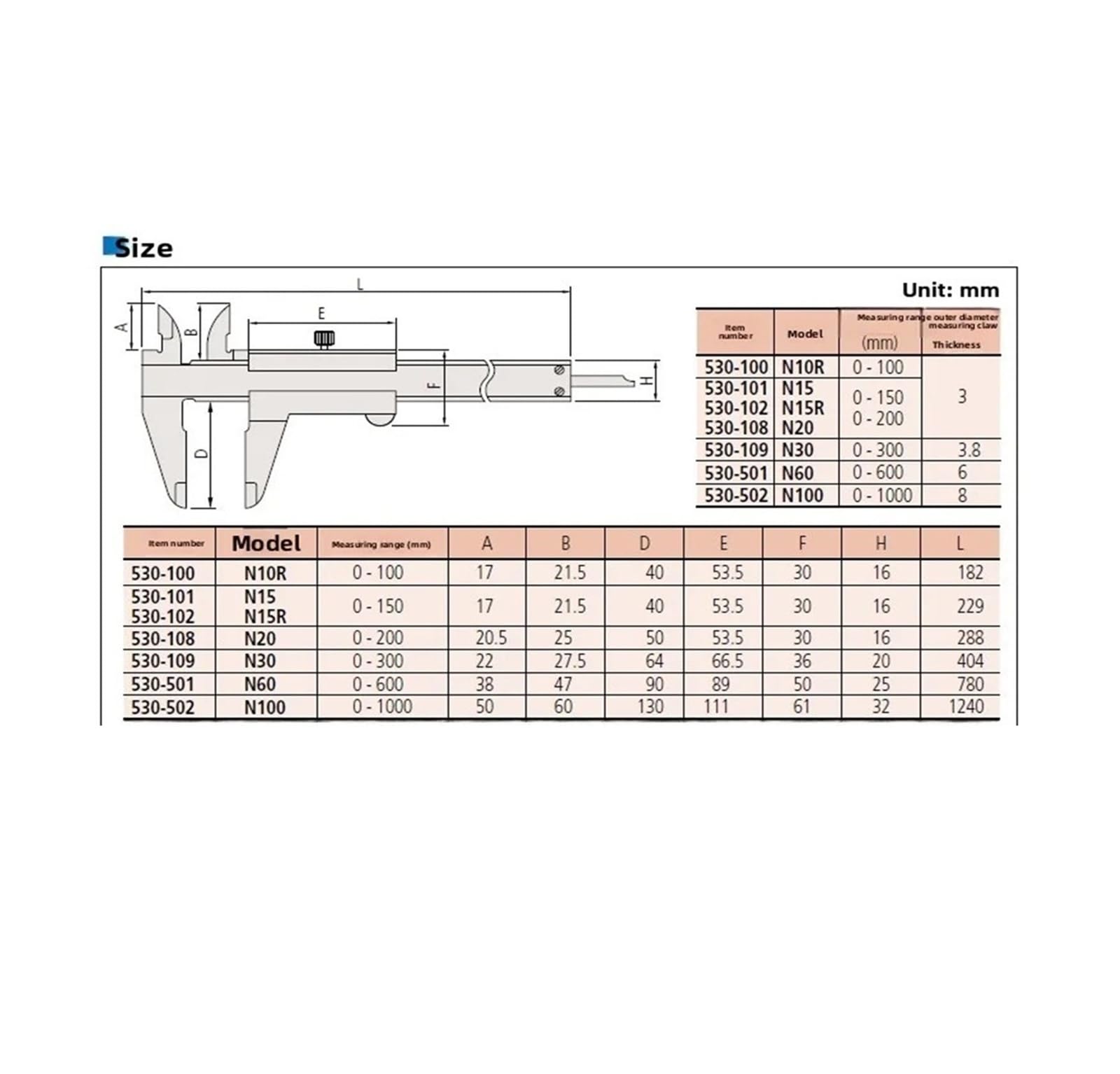 Calibre 530-100 101 108 114 115 Rango de medición 0-150/200/300 mm Resolución del calibrador Vernier 0,05 mm(530-104 0-150mm)