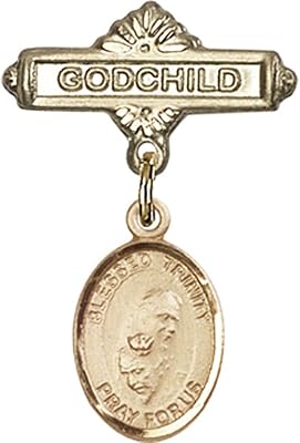 Gold Filled Baby Badge with Blessed Trinity Charm and Godchild Badge Pin 1 X 5/8 inches