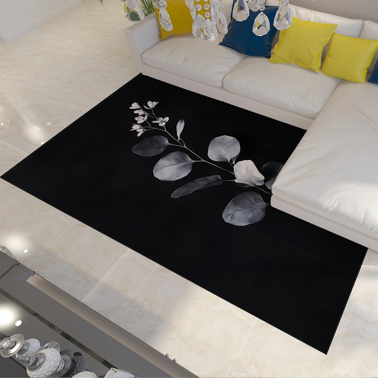 Schwarzer botanischer Teppich Ultra Thin fleckenbeständiger Bereich Waschbare Vintage-Eukalyptusblätter Ästhetischer Teppich für den Eingangsbereich des Wohnzimmers im Schlafzimmer 160x220cm