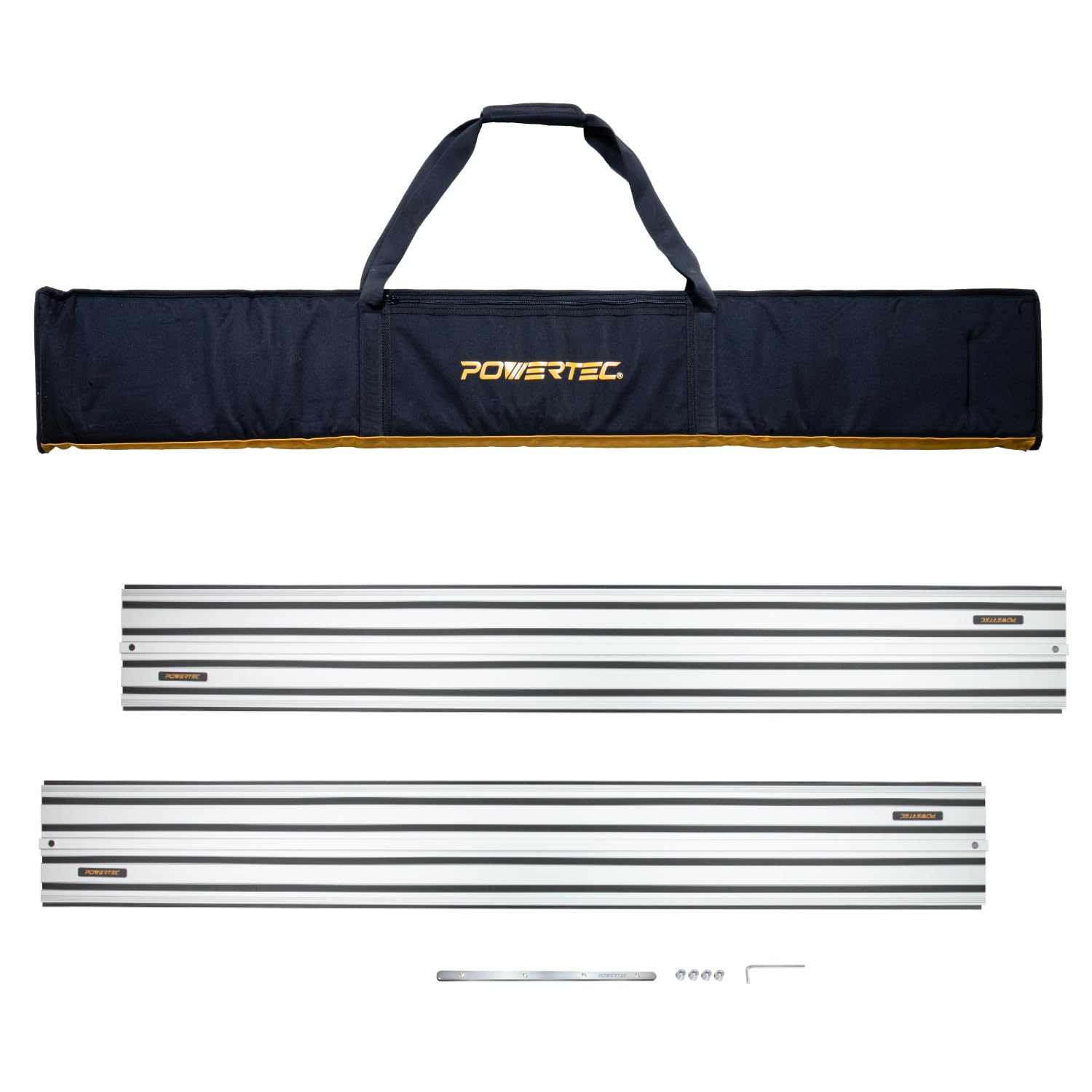 POWERTEC 110" Track Saw Guide Rail Connector Set with Protective Bag for DeWalt Track Saws | Includes 2x55" Aluminum Extruded Guide Rails and (1) Guide Rail Connector for Woodworking Projects (71961)