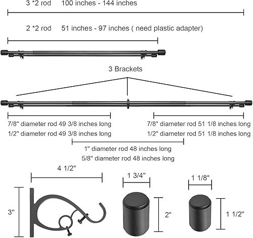 Miniatura 3 de Kemmie Barra de cortina de tratamiento de ventana de 1 pulgada con remates de tapa cilíndrica, barra de cortina doble longitud ajustable 72-144