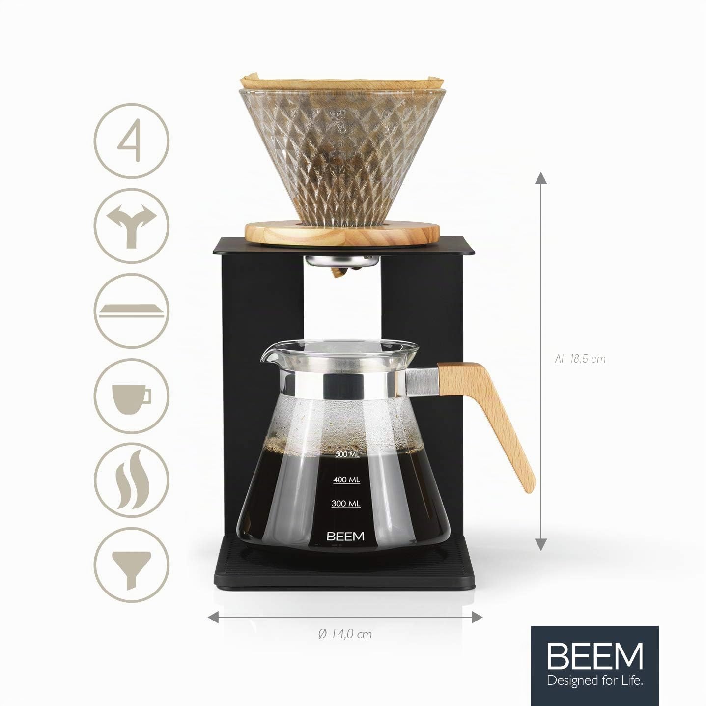 BEEM POUR Over - Juego de cafetera para 4 tazas, incluye filtro de mano de cristal y jarra de cristal con tapa, para preparar café manual de la manera tradicional, diseño elegante y moderno
