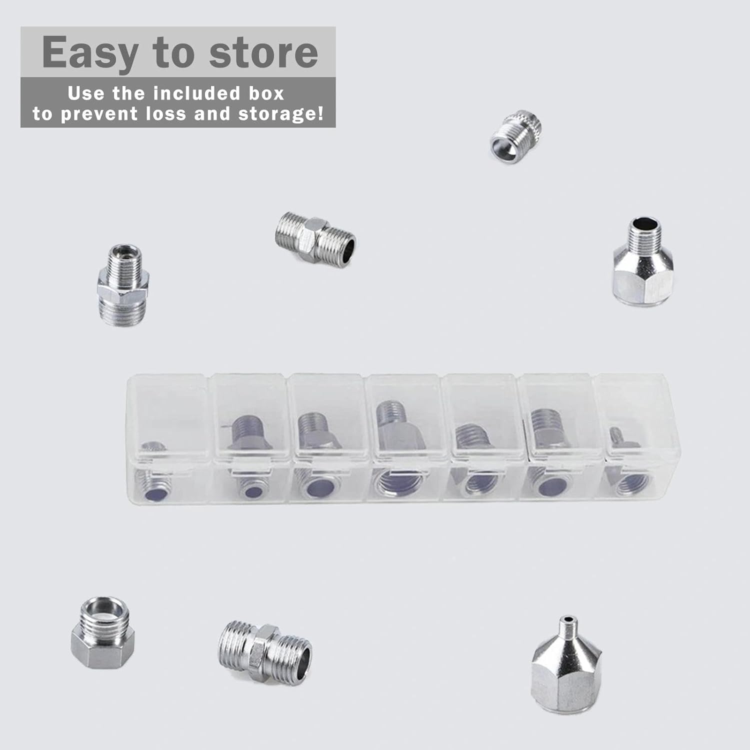 7-Piece Airbrush Adapter Set, Multi-Size Fitting Connector Kit (1/8", 1/4", M5 Threads), Assorted Metal Male & Female Converter Couplings for Air Compressor & Hose