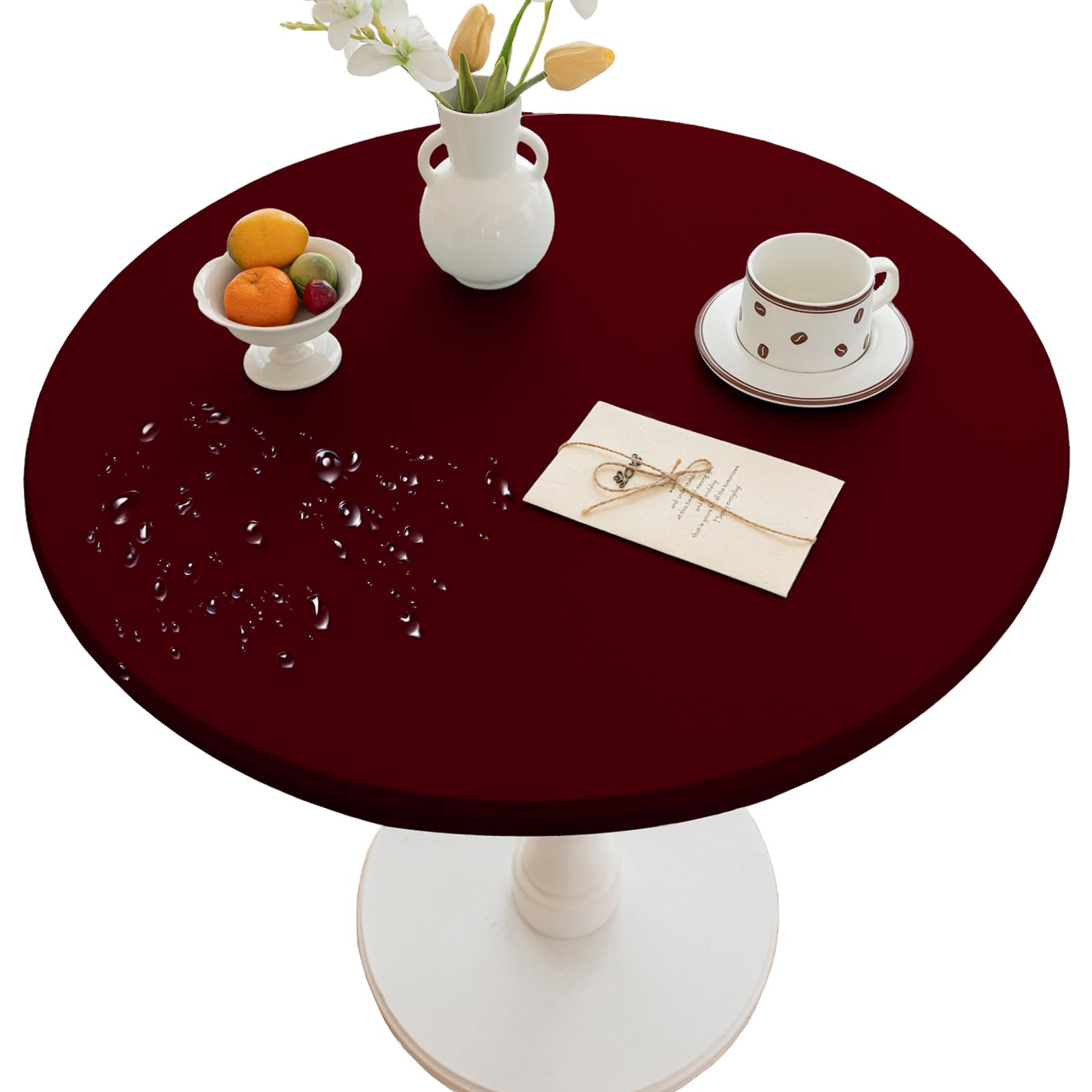 Thdsubb Round Tablecloth Leather Waterproof Tablecover Elastic Edged Fitted Table Protector Cover Wipeable for Home Picnic Party (Dark Red,150cm)