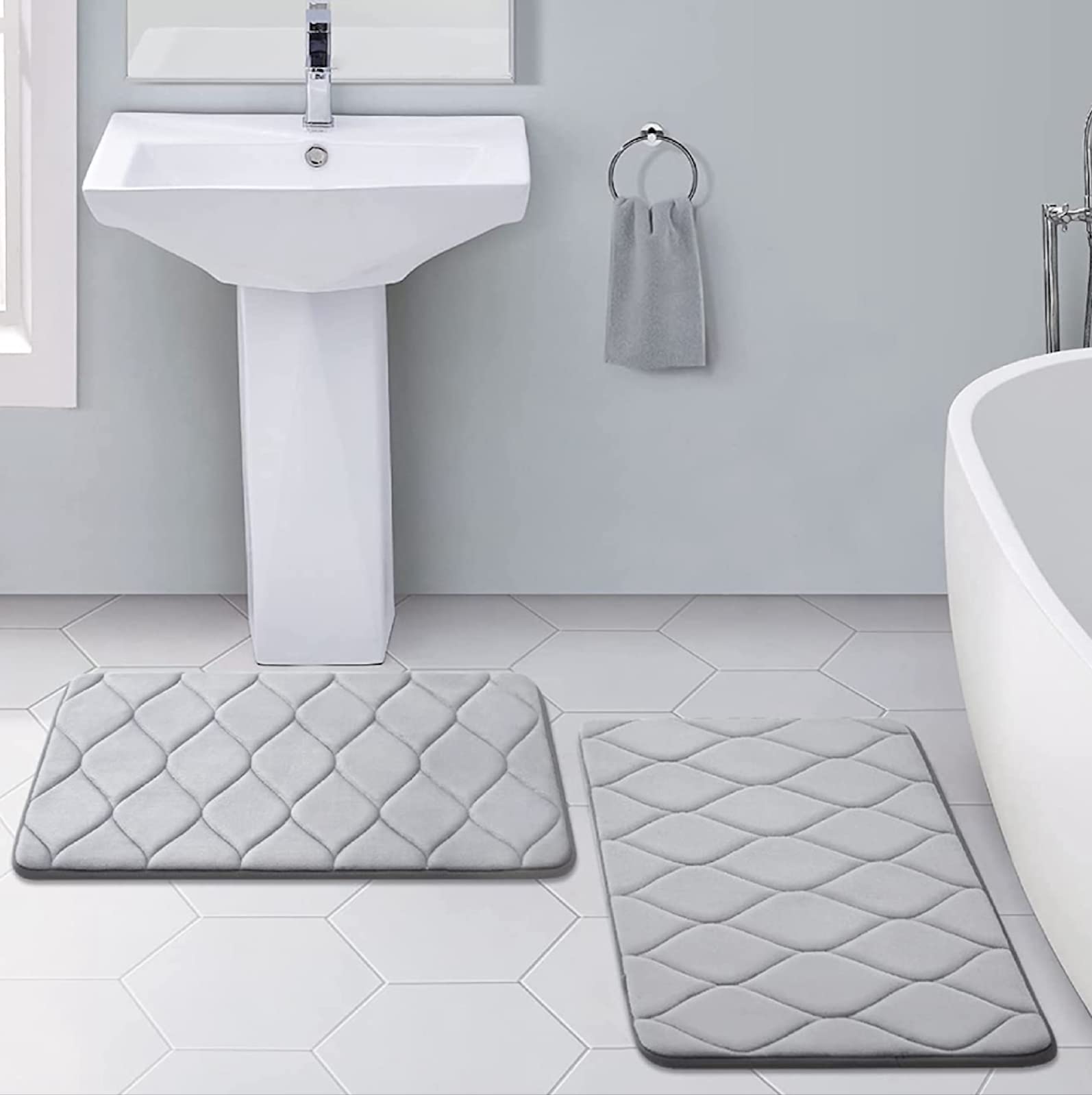 Roseate Memory Foam Bath Mat Rug (40x60 cm) Ultra Soft Non Slip and Absorbent Bathroom Rug || Machine Wash Dry || Comfortable for Bathroom Floor || Tub and Shower (Damasc/Grey) Pack of 2