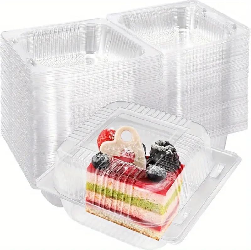 BIAOO Clear Plastic Cake Box, Food-Grade, with Lid, Dimensions: 13.5 x 12 x 7.2 cm, Suitable for Cakes, Sandwiches, and Salads, Reusable (50)
