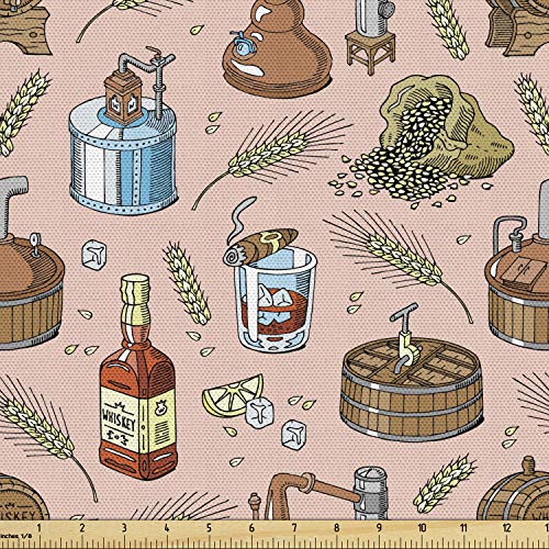 Ambesonne Retro Fabric by The Yard, Repetitive Alcoholic Beverage Pattern of Whiskey Bourbon in Glass and Bottle, Decorative Fabric for Upholstery and Home Accents, 1 Yard, Blush Brown