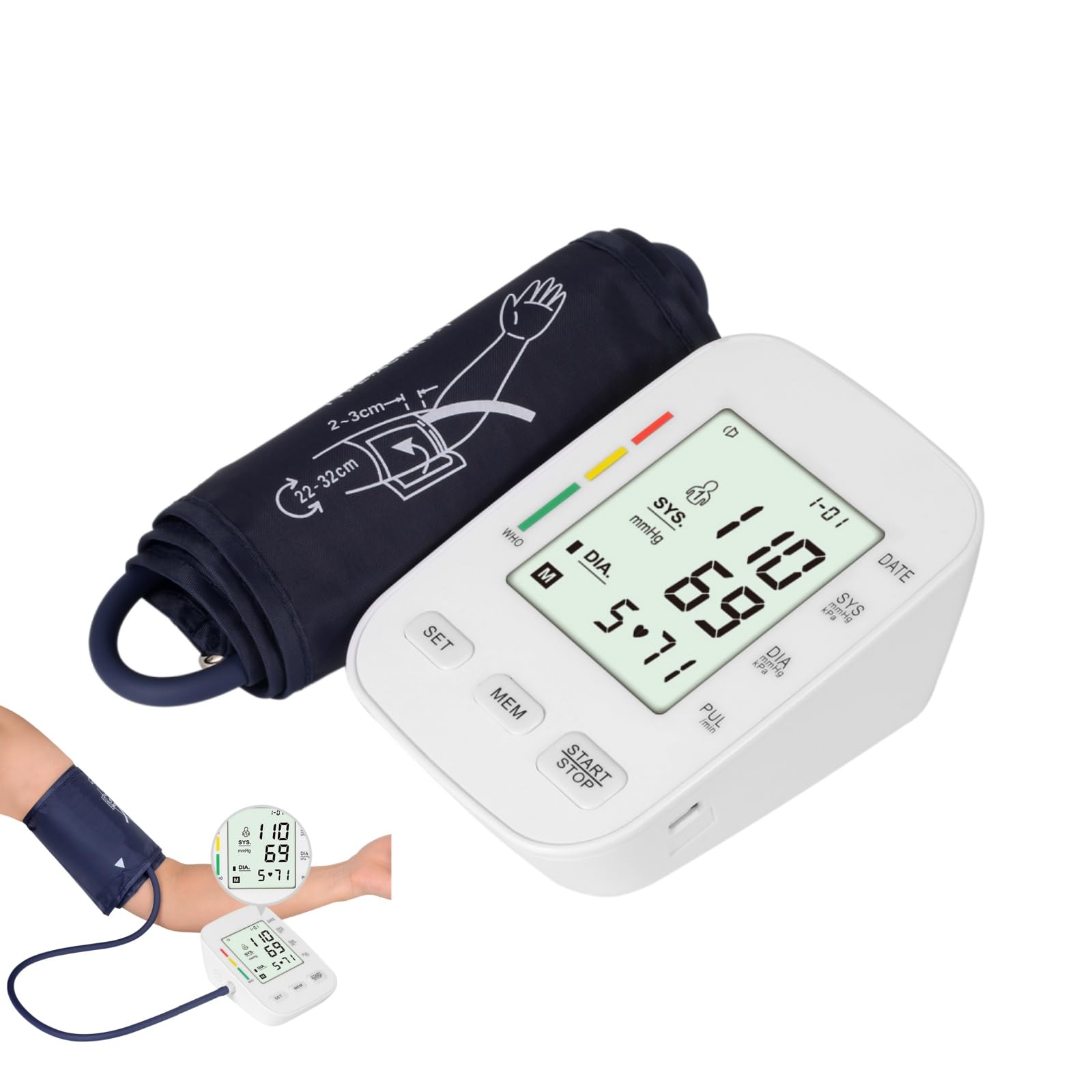 Oryzon Blood Pressure Monitor V1 Pro – Tensiómetro Digital de Brazo con Pantalla LCD, Detección de Arritmias, Brazalete Ajustable, Alimentación USB y Pilas para Seguimiento Diario (1 unidad)