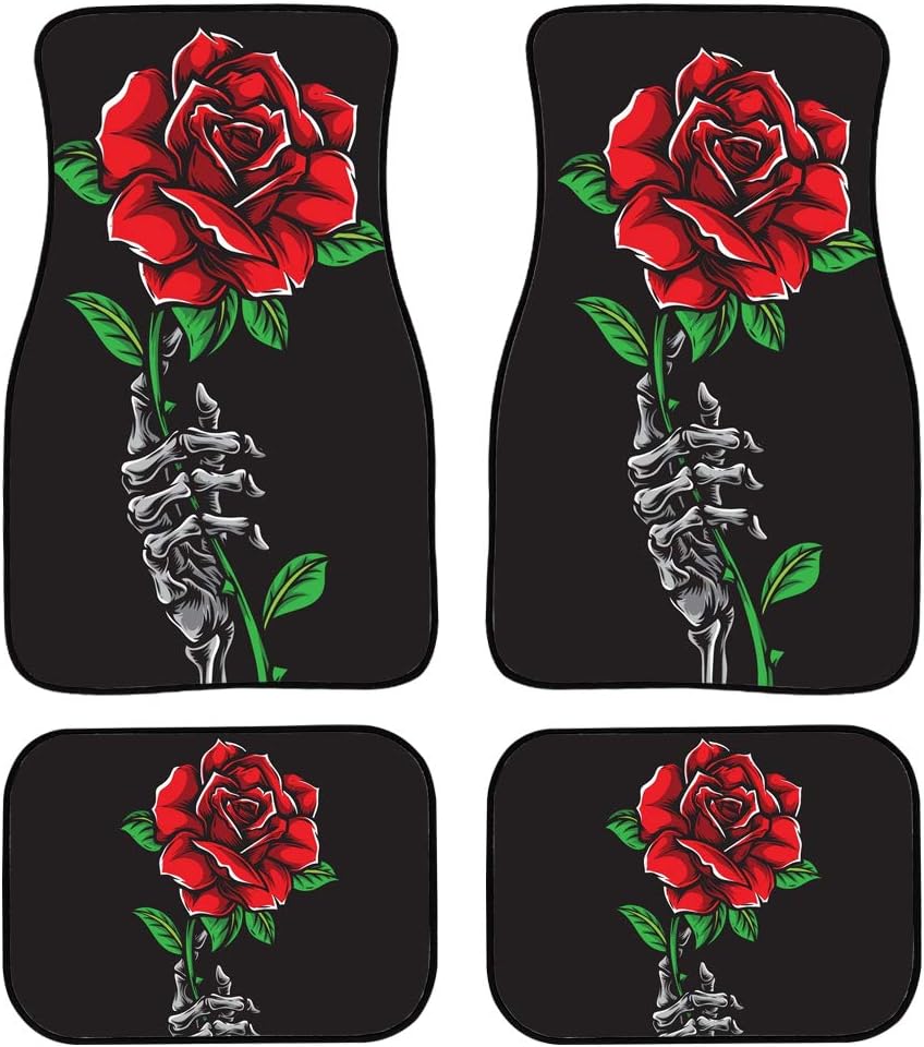 Skull Rose Car Floor Foot Mat Personalized Custom All Weather Non-Slip Rubber Back Front & Rear Automotive Floor Mat 4 Pcs Fit Most for SUV Sedan Truck Van Decoration