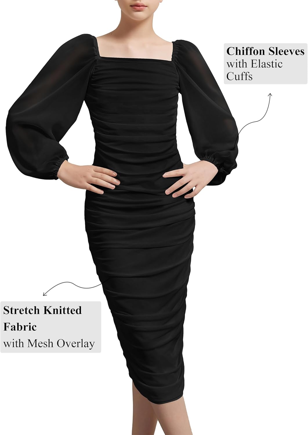 EXARUS Girls Bodycon Ruched Dress Teen Graduation Wedding Dance Party Chiffon Lantern Sleeve Maxi Formal Dresses - Image 3