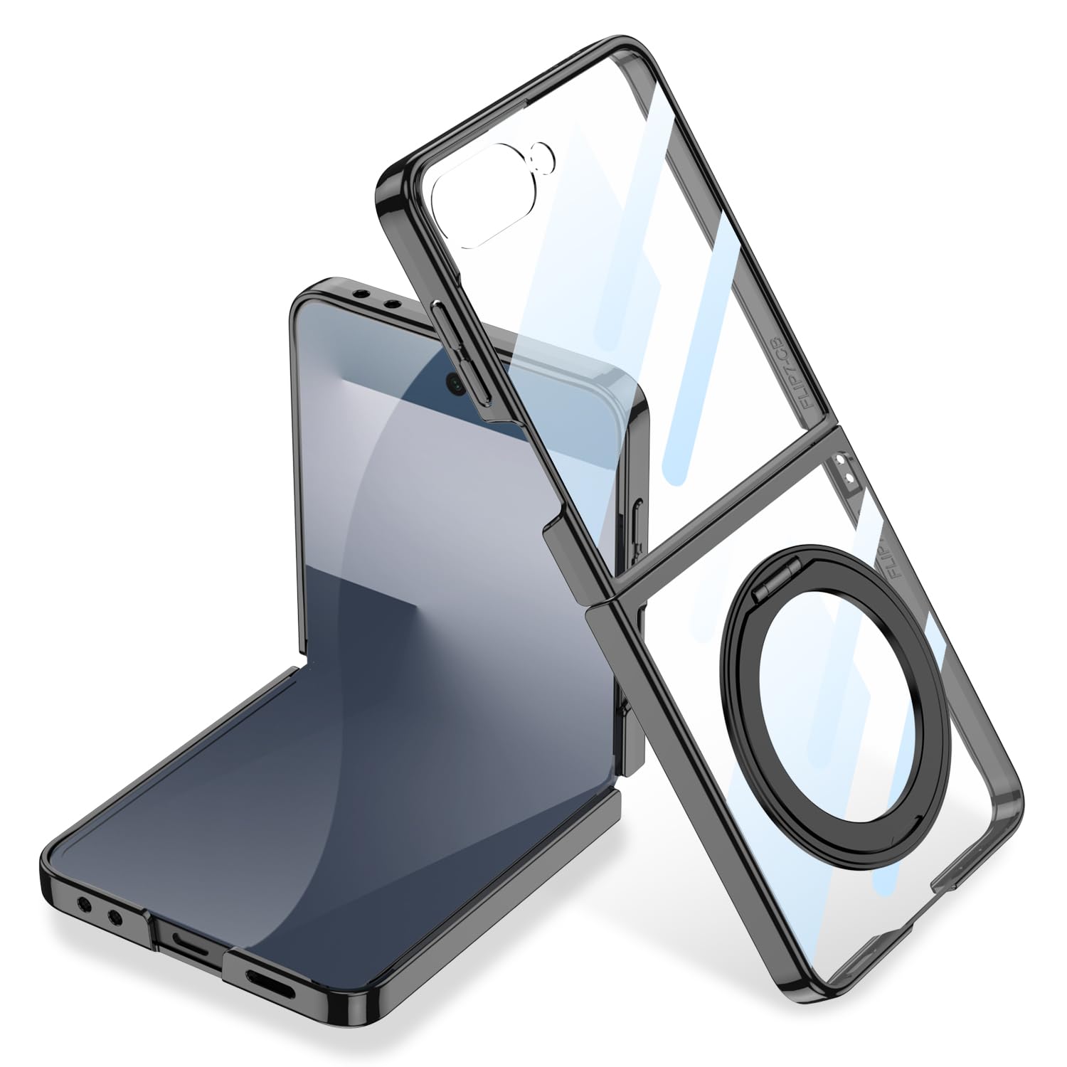 Clear Magnetic Case for Samsung Galaxy Z Flip 7 with Ring Holder & Built-in Screen Protector [Compatible with Wireless Charging ] Crystal Clear