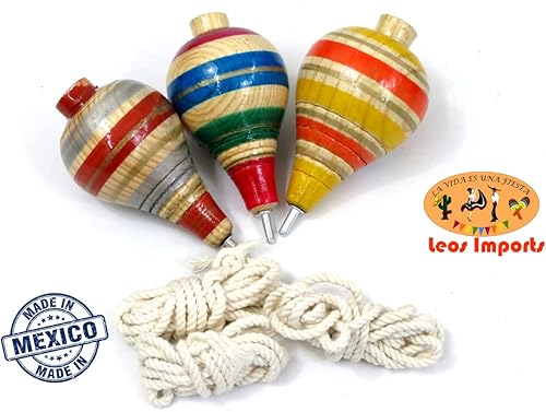 Miniatura 4 de Paquete de 3 trompos de madera tradicionales de trompo mexicano con cordón y puntas de metal trompos grandes de madera jugetes mexicanos
