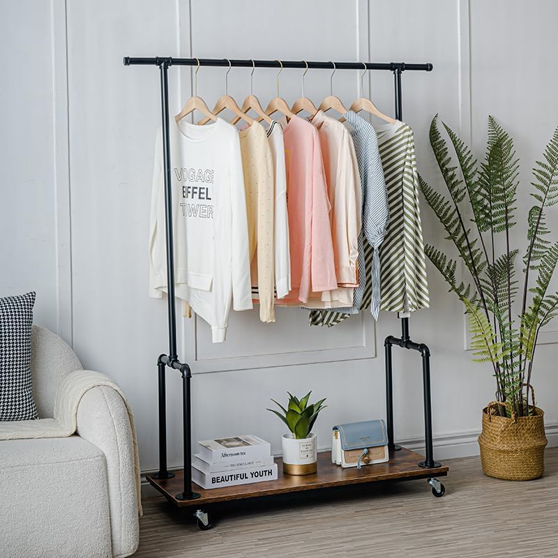 Industrial Pipe Clothing Rack Garment Racks, Retro Vintage Rolling Rack with Wheels (Retro color)