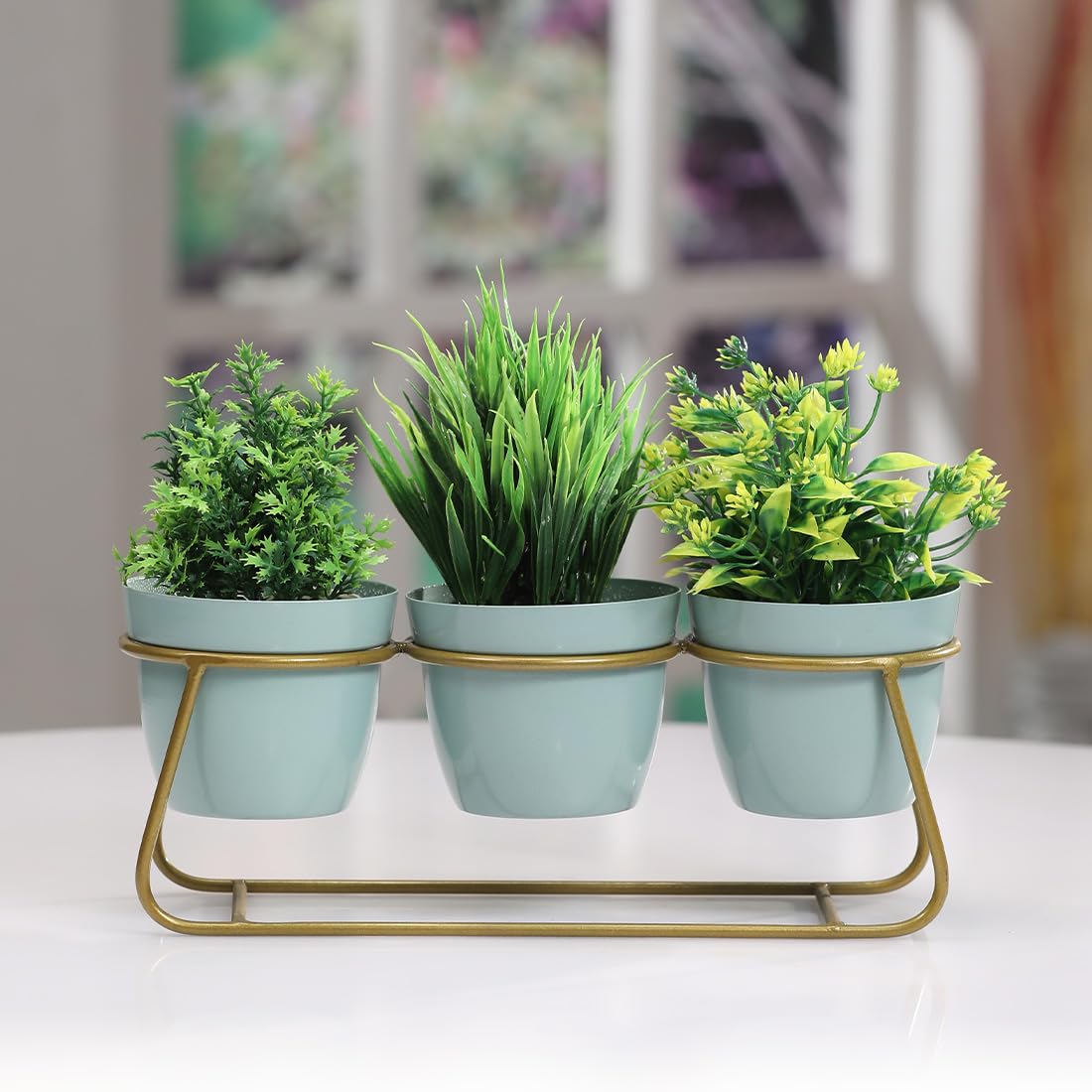 DEKORNEST Tabletop 3 Tier Tuscan Style Metal Plant Stand Flower Pot with Golden Stand | Planter Indoor Office Garden Balcony Living Room Decoration Outdoor Plants - Sea Blue (Set of 3) (B0CG4F4C8L) Amazon Price History, Amazon Price Tracker