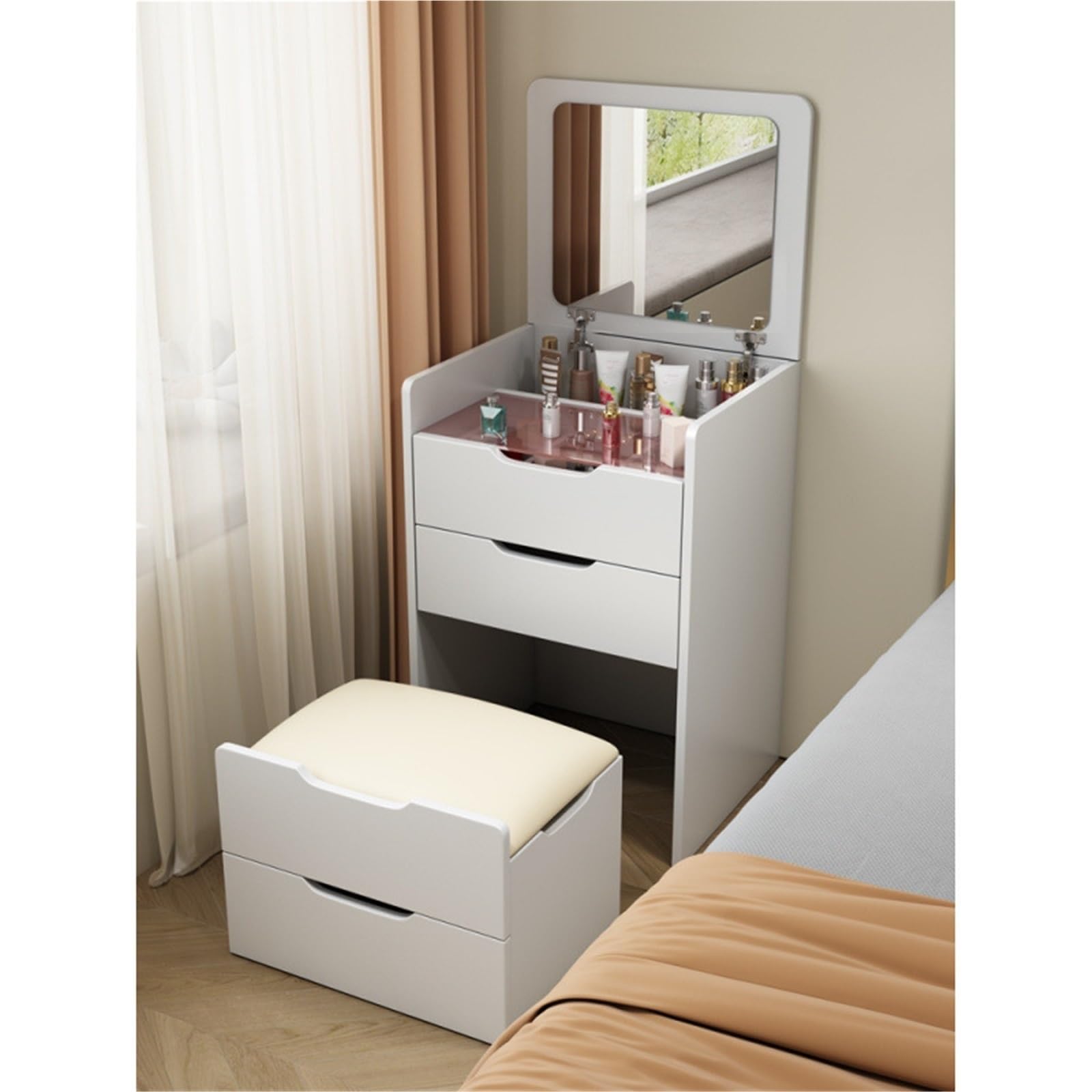 asdchZen Modern Vanity Table With Flip Top Mirror, Compact Makeup Desk With Storage & Cushioned Stool, Stylish Dressing Table For Bedroom, Long-Lasting White Finish,White-48cm