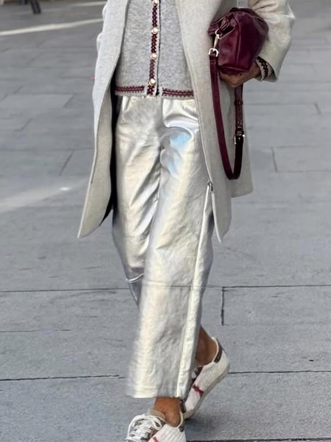 Women Long Pants Casual Straight-Leg Metallic Trousers Loose Stretchy Waist Business Office Pants with Pockets - Image 2