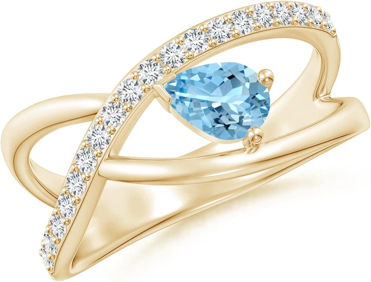 Angara Natural Aquamarine Ring for Women | Criss Cross Pear Shaped Aquamarine Ring with Diamond Accents in 14K Solid Gold/Platinum | March Birthday, Anniversary, Gemstone Jewellery Gift