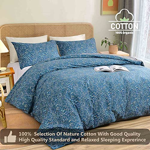 Nanko Cotton Queen Size Duvet Cover Set, Dark Blue Floral Herbs Leaf Printed Pattern Soft Bedding Sets Comforter Quilt Covers With Zip Tie, Farmhouse Style For Women Men Teen 3Pc 90X90, Navy Flower #TOP1