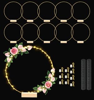 12 Inch 10 Sets Metal Floral Hoop Centerpiece with Wood Stands and LED Fairy Lights, Gold Metal Rings for Christmas Party Dream Catcher Wedding Table Wreath Decor, Wall Hanging Wreaths