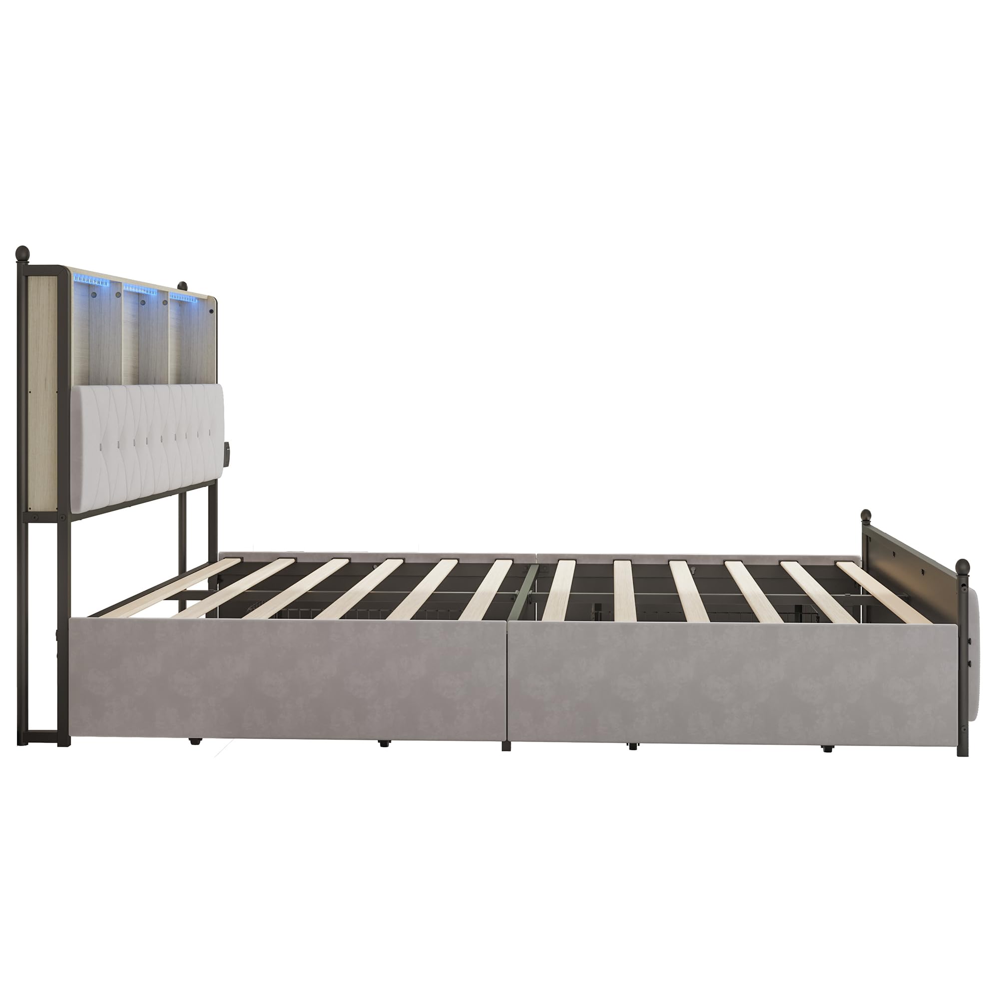 Cama tapizada 140x200 con Cabecero LED y USB, Camas Matrimoniales con 4 Cajones, Cama Juvenil, Estructura Camas Doble con Lamas de Madera, Terciopelo Beige, Sin Colchón (Beige, 140 x 200 cm)