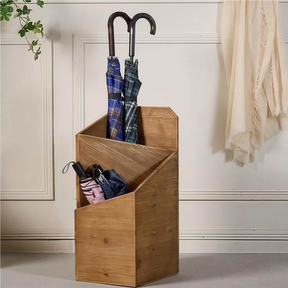 Wooden Triangle Corner Umbrella Stand Retro Log Style Indoor Entryway Umbrella Holder Dual-Layer Storage Organizer Multi Scenario Use