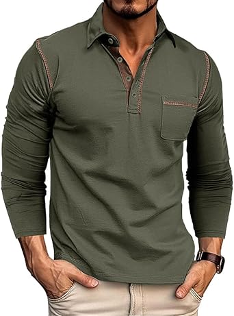 Mens Long Sleeve Muscle Polo Shirts Classic Button Down Golf Shirt Moisture Wicking Shirts with Pocket