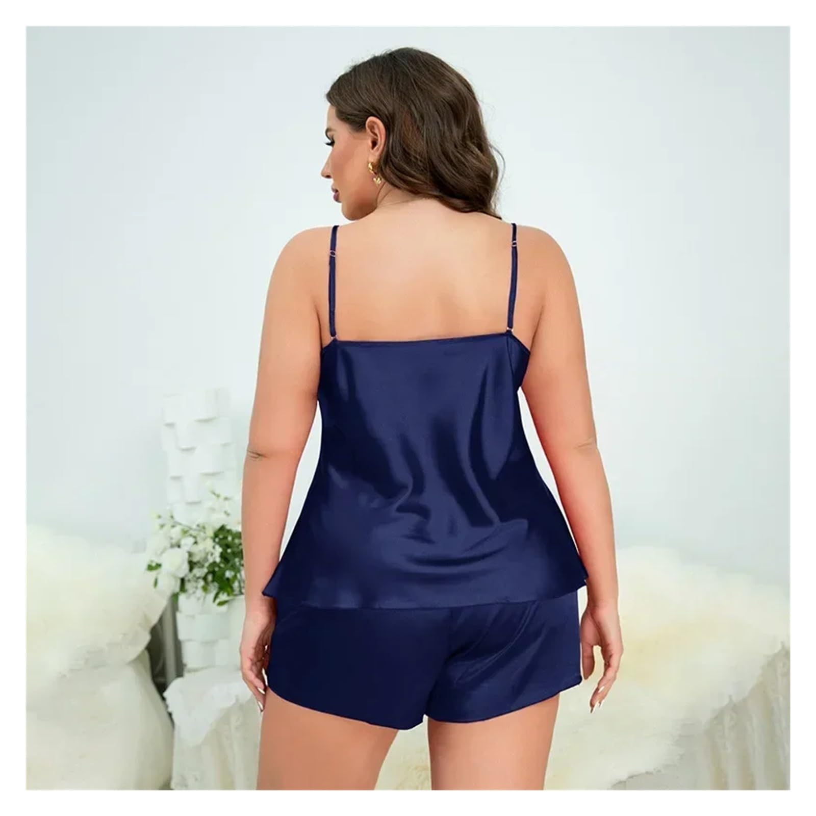 Pigiami Sexy Bretelle Pigiama da Donna in Raso di Seta Taglie Forti, Senza Maniche, con Scollo a Cappuccio, Pantaloncini, 2 Pezzi, Tinta Unita, da Notte, da Donna, for la casa