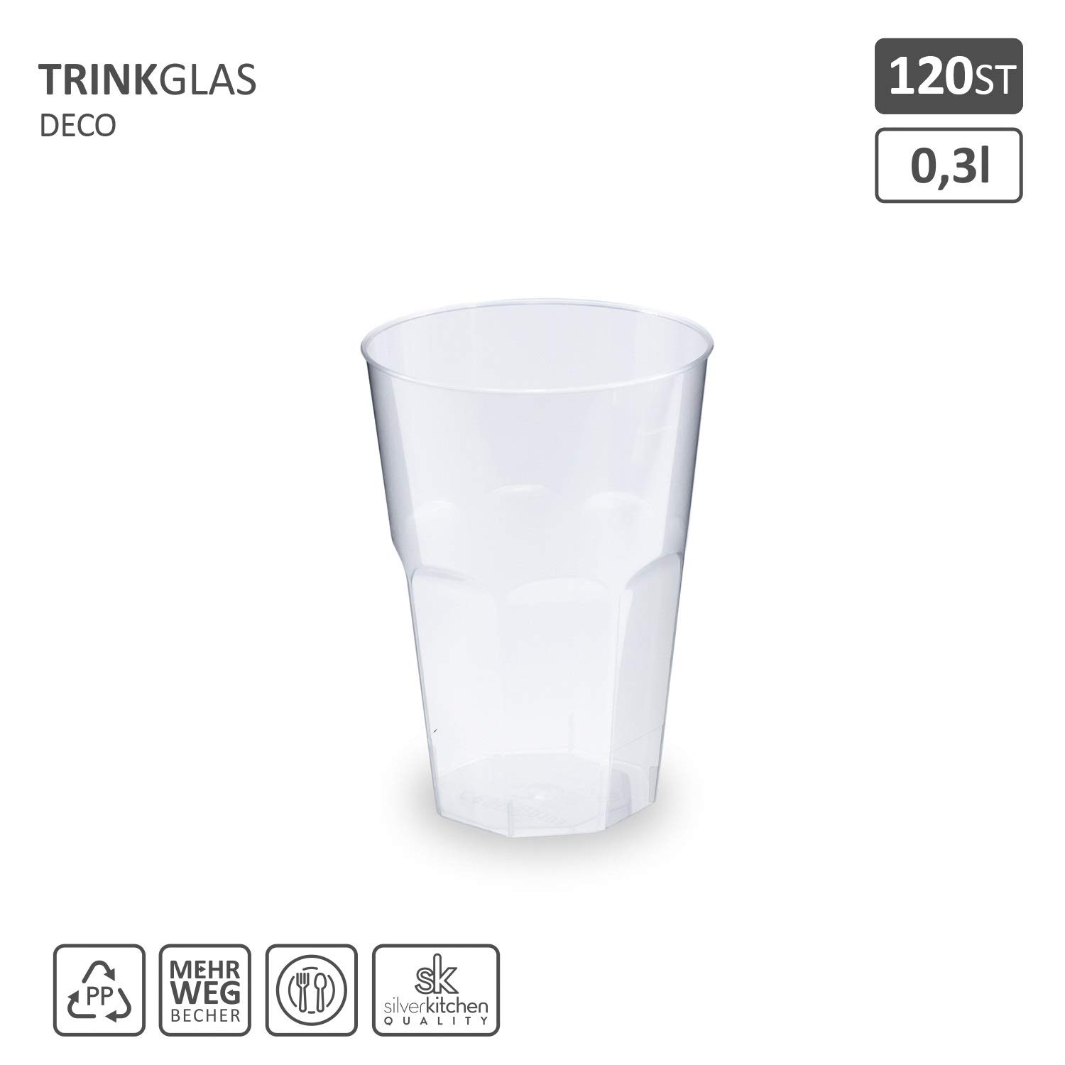 120x Cocktail Becher 300ml transparent aus PP 6-eckig Made In Germany Plastik Trinkbecher Mehrweg Bruchsichere Mehrwegbecher Wiederverwendbar Grillfest Catering