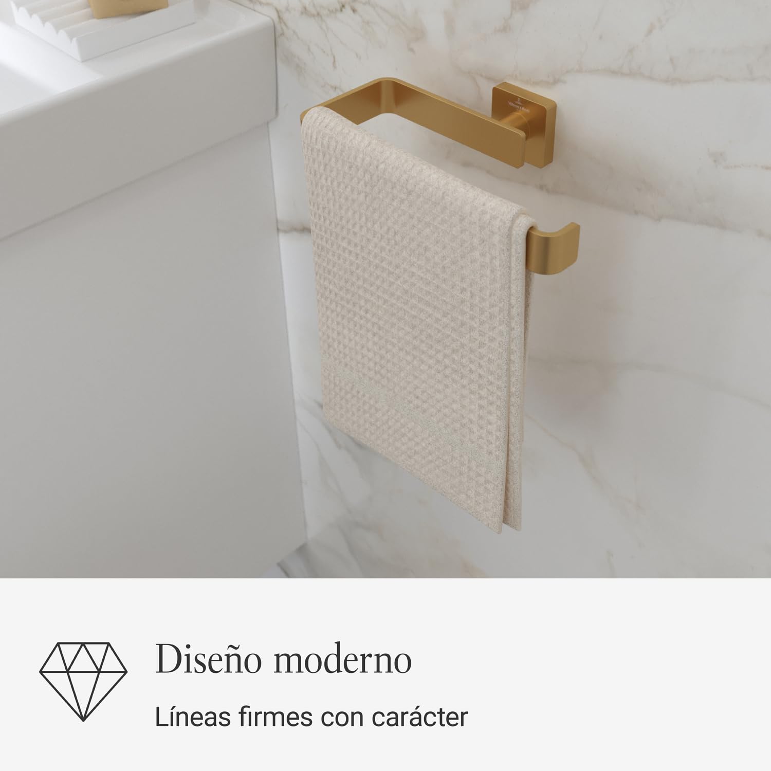 Villeroy & Boch Elements Striking, toallero, Barra para Toallas de latón para Montaje en Pared en el baño, toallero para Secado rápido, Cuadrado, Longitud 209 mm – Oro Cepillado