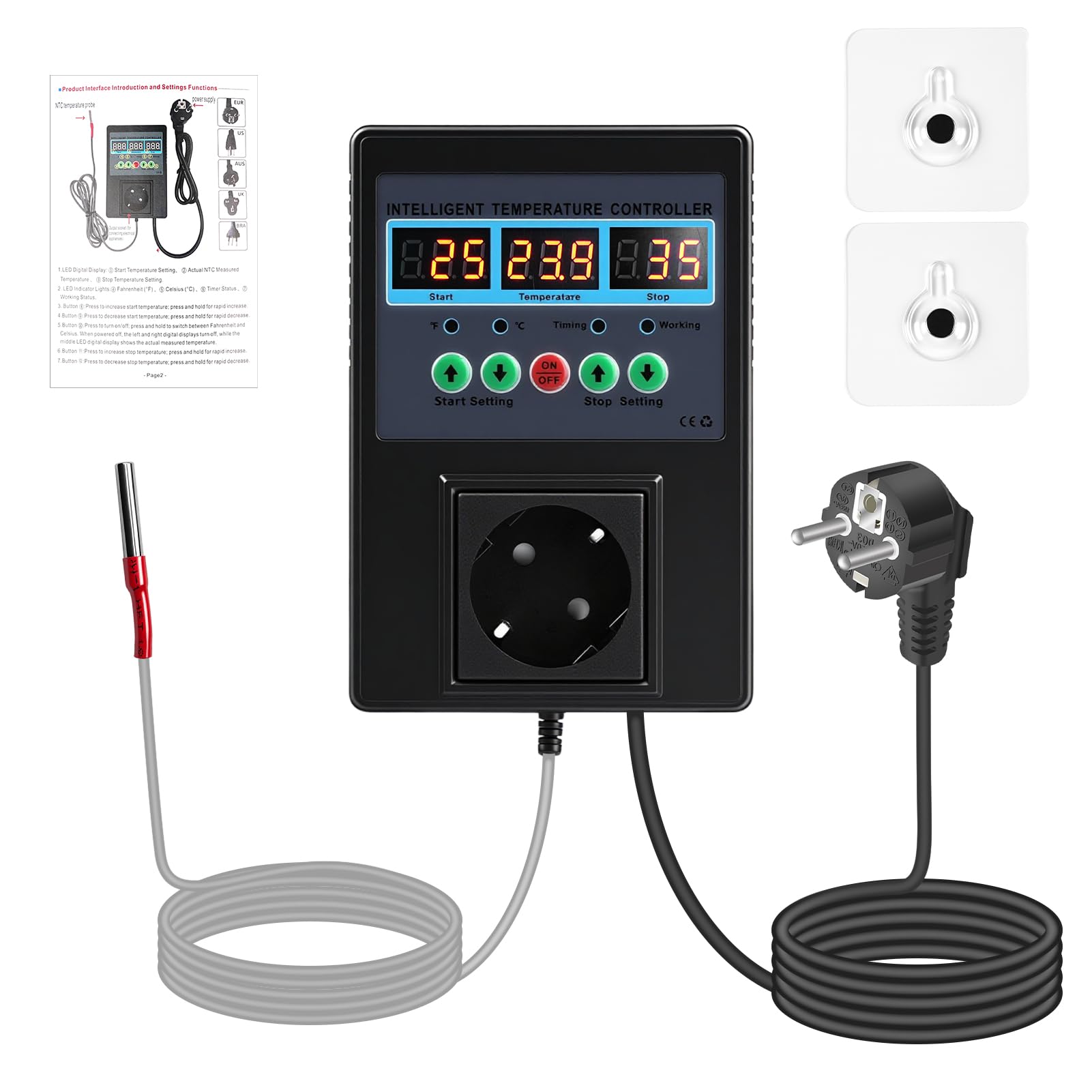 Régulateur de Température Numérique Thermostat Chauffage Refroidissement Module de Contrôleur de Température prise Thermostat Chauffage pour Terrarium,Reptile,Incubateur,Serre (EU)