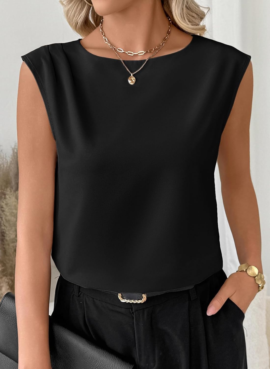 EVALESS Womens Tank Tops Sleeveless Crew Neck Pleated Shoulder Blouses Vest Shirts - Image 2