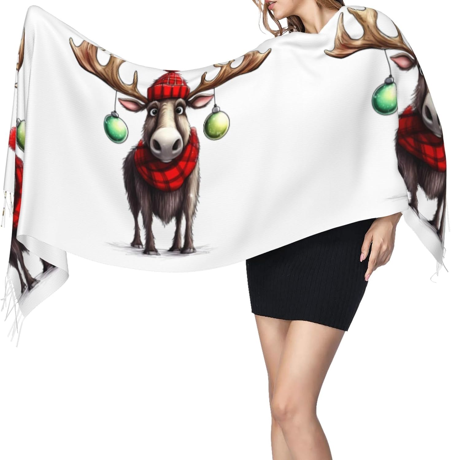 (Funny Christmas Moose) Women's Soft Warm Scarf Large Plush Shawl Wrap with Fringe Fashion Winter Scarves for Cold Weather