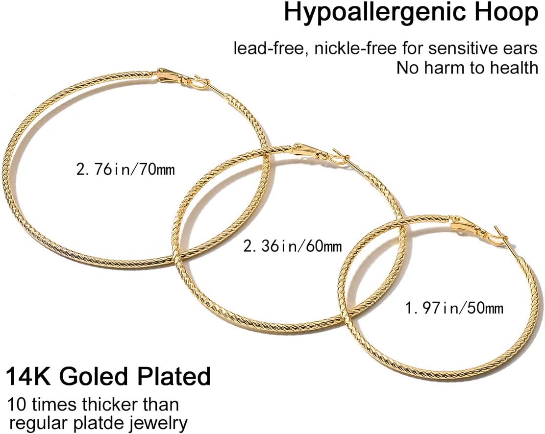 Kainier Gold Hoop Earrings for Women Hypoallergenic Sterling Silver Post Lightweight Hoops Jewelry 20mm-70mm Large Gold Earrings Textured or Zircon Rhinestone Design Trendy Statement Gift Jewelry - Image 8