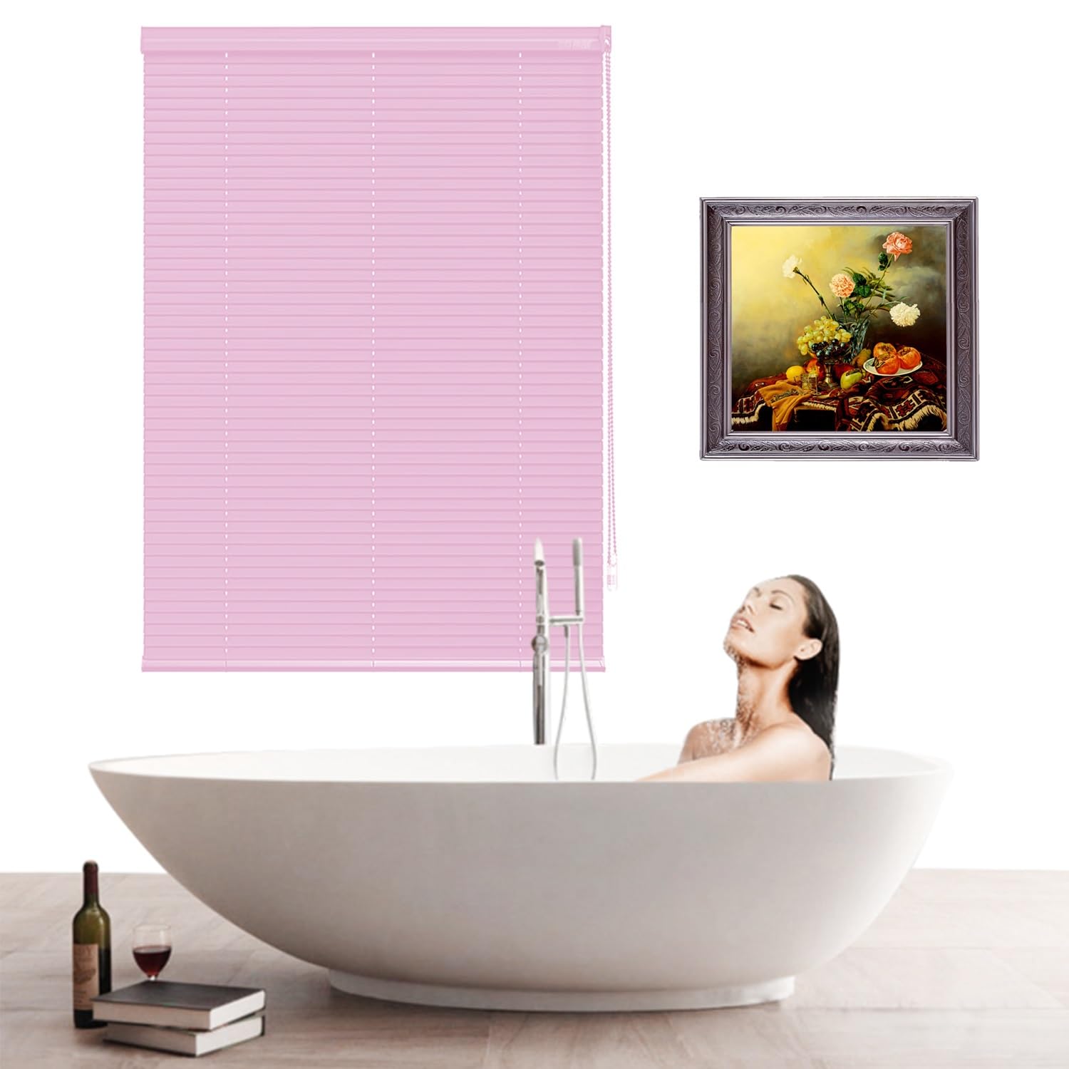 Cordless Aluminum Mini Blinds 1" Slat Horizontal Windows Blind for Bathroom, Office, Camper Shades, Light Filtering, Privacy, W 16" 25" 28" 32" 36" 40" 48" 56" 63" Customizable Venetian Curtain(Pink)