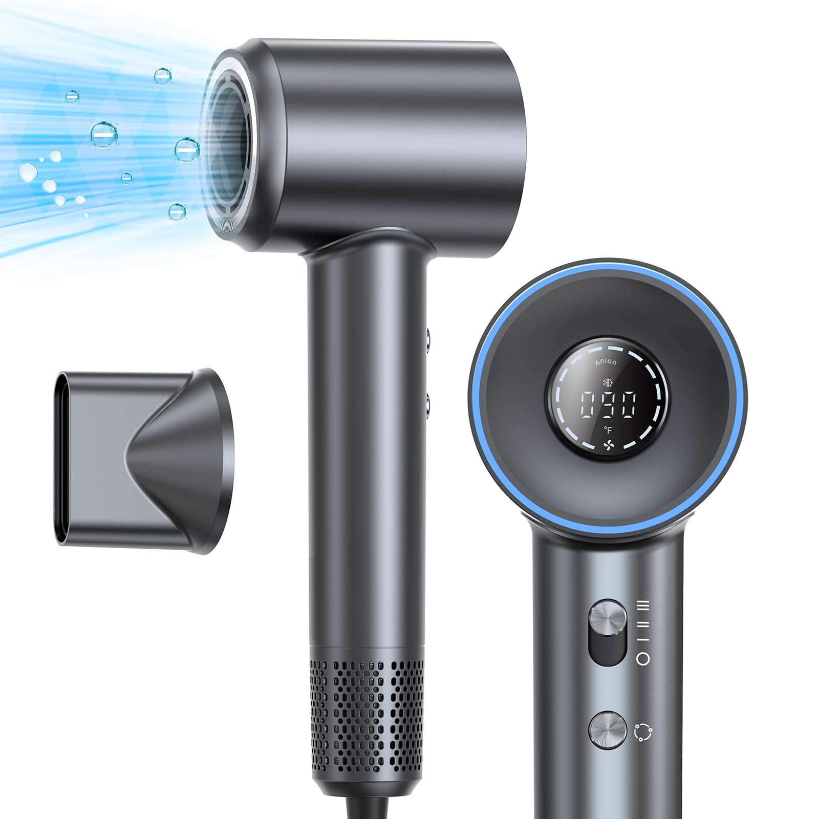 VivaEase Hair Dryer, 1400W Negative Ionic Hair Dryer, Professional High Speed Hairdryer for Fast Drying, 3 Speeds and 5 Temps with HD Display, Low Noise Blow Dryer for Home Salon-Grey