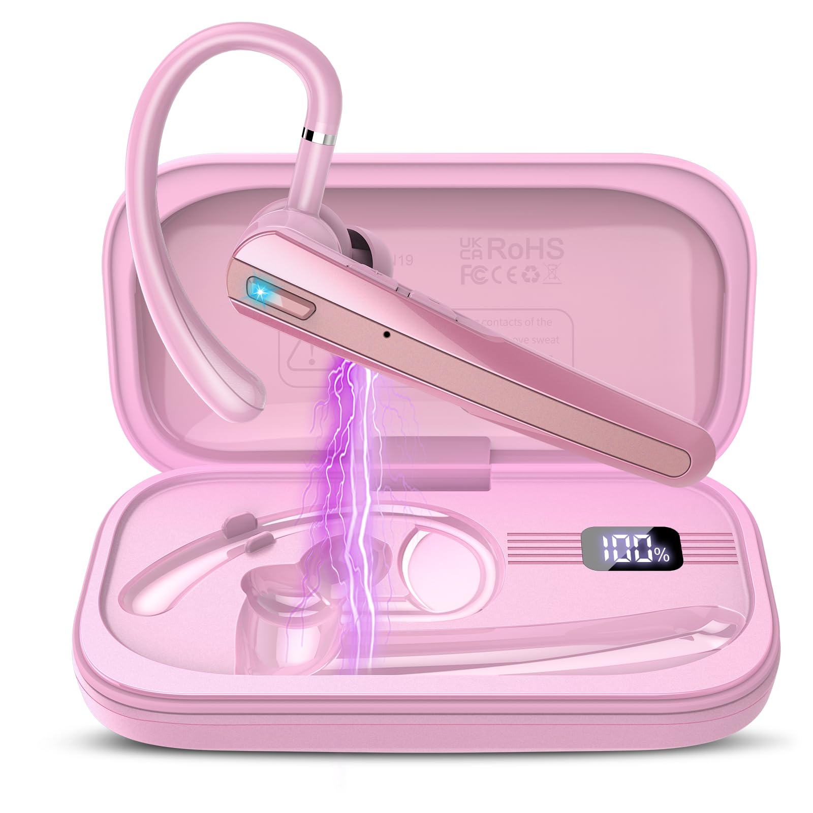 Atheewon Auricolare Bluetooth, 120 Ore Conversazione Auricolari Bluetooth 5.3, Cuffie Wireless con Microfono Antirumore, Cuffie Bluetooth Singolo con Gancio Girevole per Guida/Lavoro, Rosa Chiaro