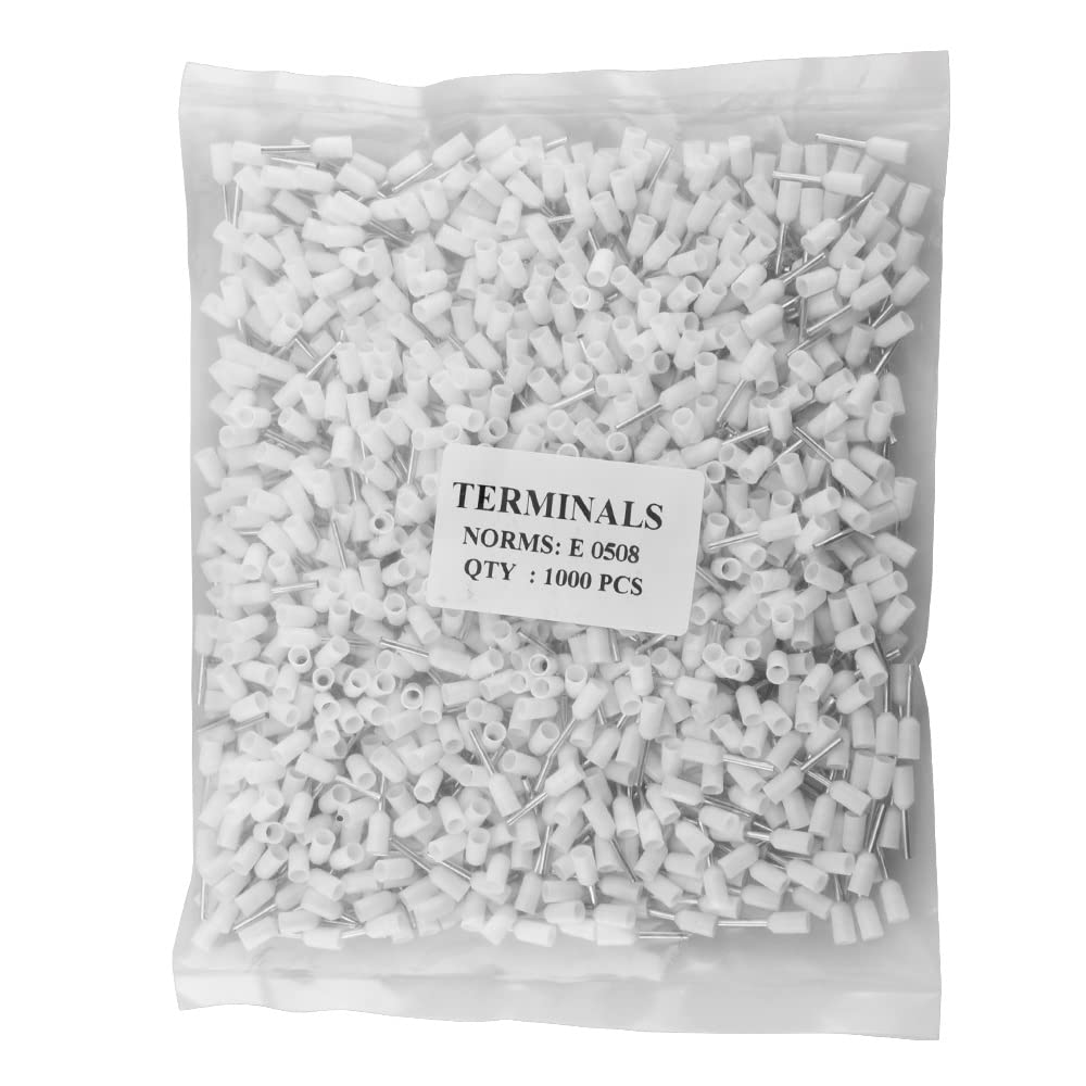 Heschen Terminal de extremo de cable, E0508, AWG22 / 0,5 mm², conector de crimpado de cobre, aislado de vinilo, blanco, paquete de 1000
