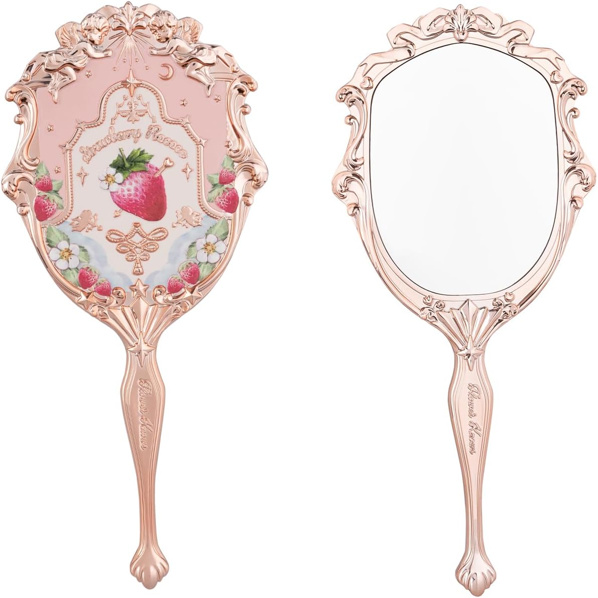 Hand Mirror,Portable Vintage,Durable Metal,Cute & Aesthetic Princess Mirror,with Long Handle for Easy Holding,Gift for Girls (Soft Pink, Strawberry Rococo)