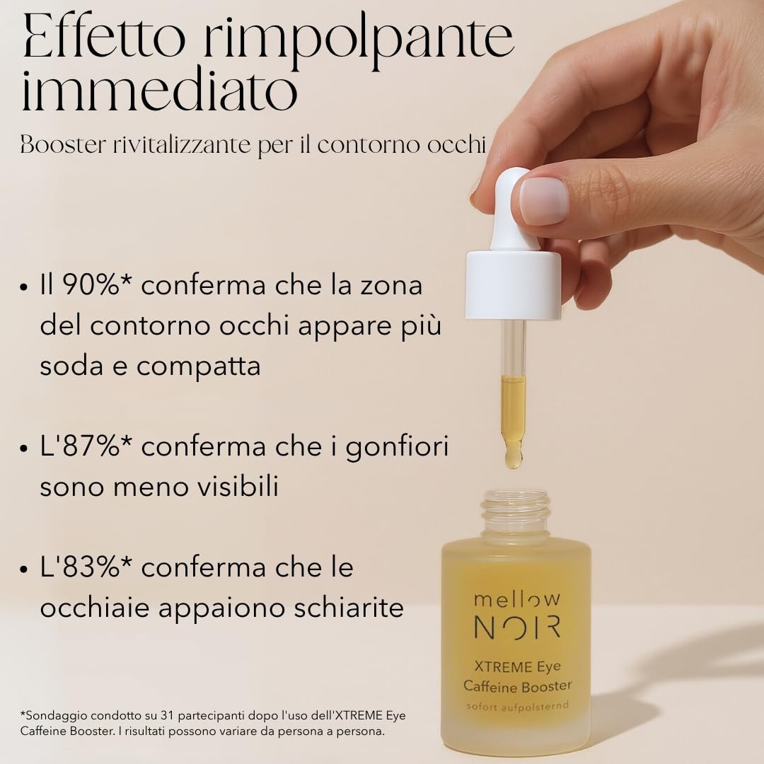 mellow NOIR XTREME Eye Caffeine Booster 15ml - EFFETTO RIMPOLPANTE IMMEDIATO – Siero contorno occhi alla caffeina per occhi stanchi e gonfi – combatte occhiaie e borse – Vegano – Cosmetici naturale