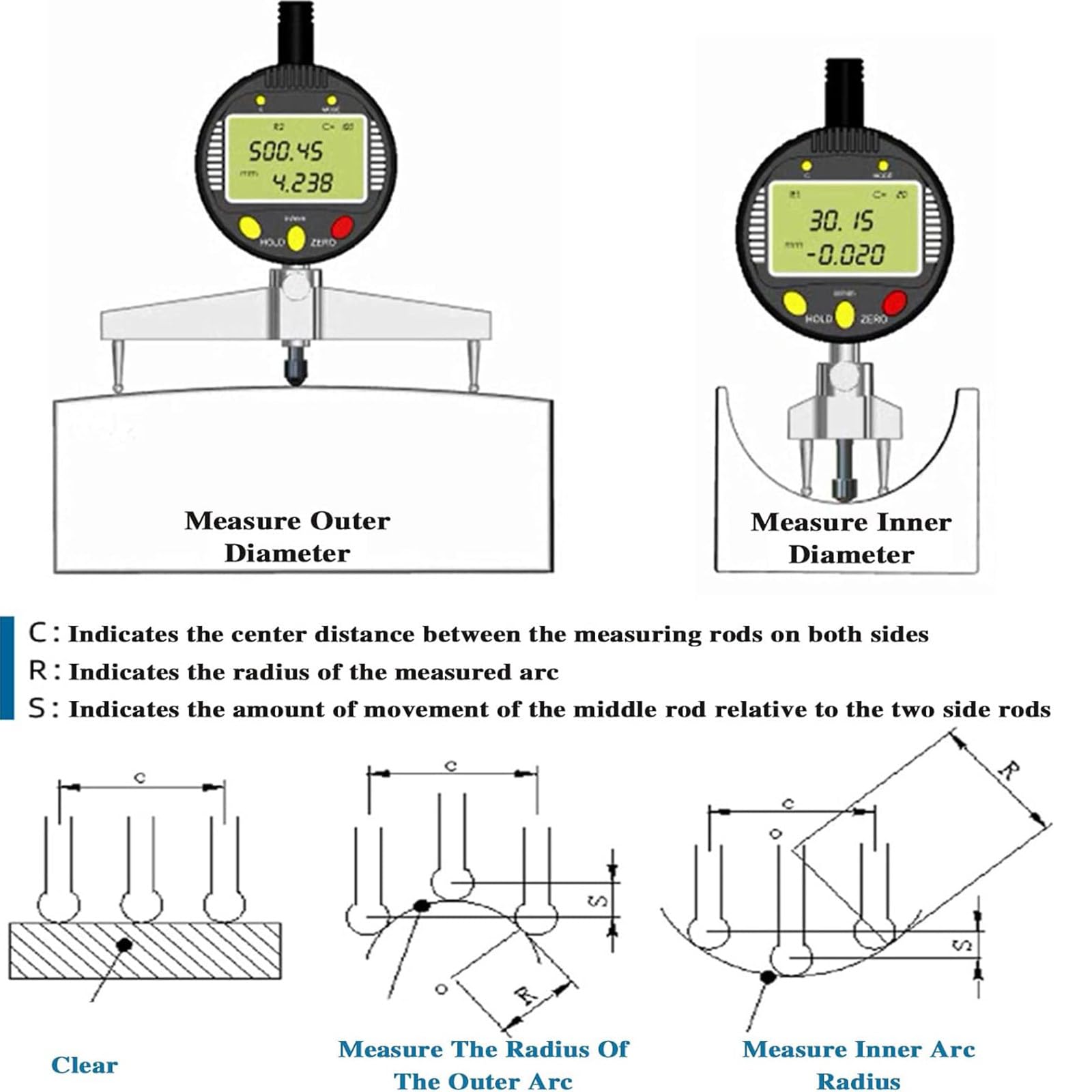 Jauge Rayon Numérique Haute Précision,Outil Indicateur Rayon Électronique,avec Mâchoire Mesure Modifiable De 10 Mm/20 Mm/30 Mm/60 Mm/100 Mm