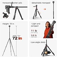 Vista 5 de COMAN Trípode de cámara superior de 72 pulgadas, trípode horizontal para cámara con placa QR de cabezal fluido, monopie desmontable, trípode