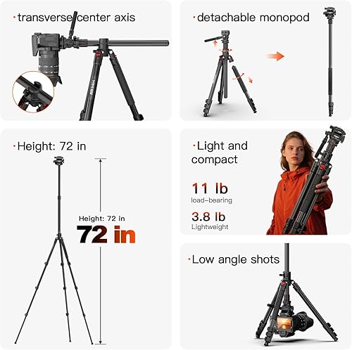 Miniatura 5 de COMAN Trípode de cámara superior de 72 pulgadas, trípode horizontal para cámara con placa QR de cabezal fluido, monopie desmontable, trípode