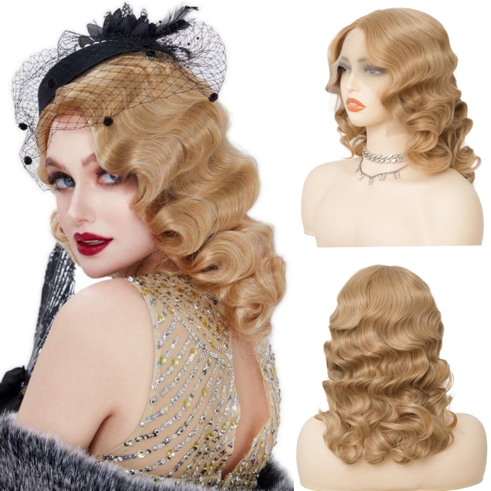 Blonde 1920s Finger Wave Lace Front Wig Curly Wig Vintage Wigs for Women SyntheticHair Halloween Cosplay Party Costume Wigs Blonde 6